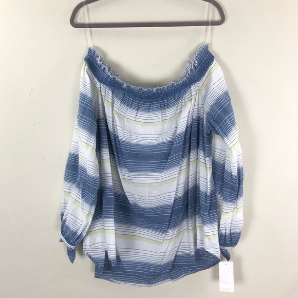 beachlunchlounge Tops - BeachLunchLounge Lightweight Flowy Cotton Stripes Ayala Blue White Green Sky Top
